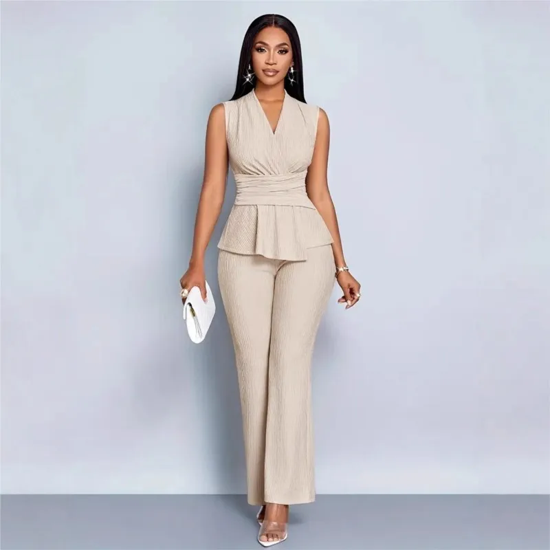

Business Commuting Women's Two-piece Suit Elegant Slim V-neck Sleeveless Irregular vest Top + Wide-leg Pants Office 2-Piece Set