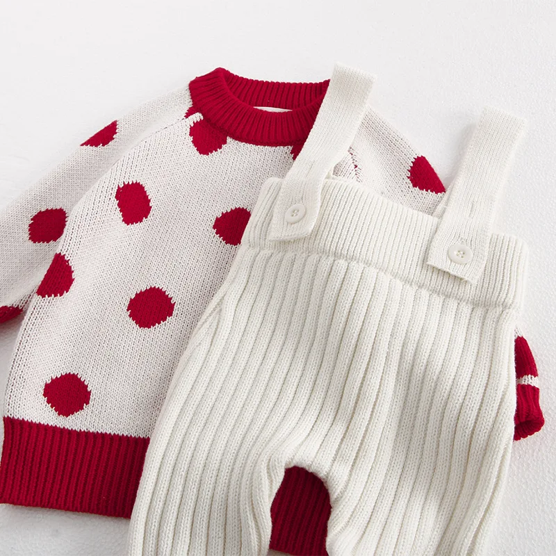 MiniAinis Autumn Winter Baby Knitted Polka Dot Pullover Sweater Overalls Girls Red Beige Tops Pants Clothing Set Girl Clothes