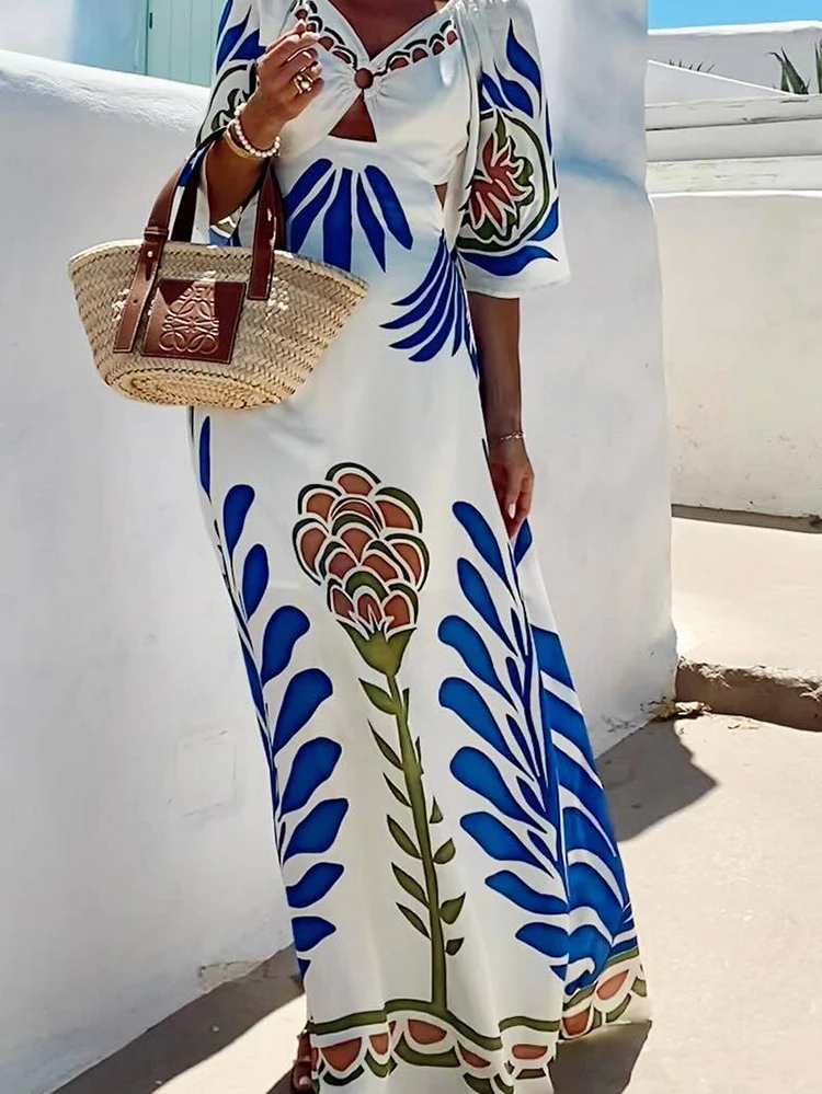 Vestido de fiesta bohe elegante con espalda descubierta y cordones para mujer, vestido playero calado con estampado de moda, vestido largo Sexy con cuello en V y cintura para vacaciones
