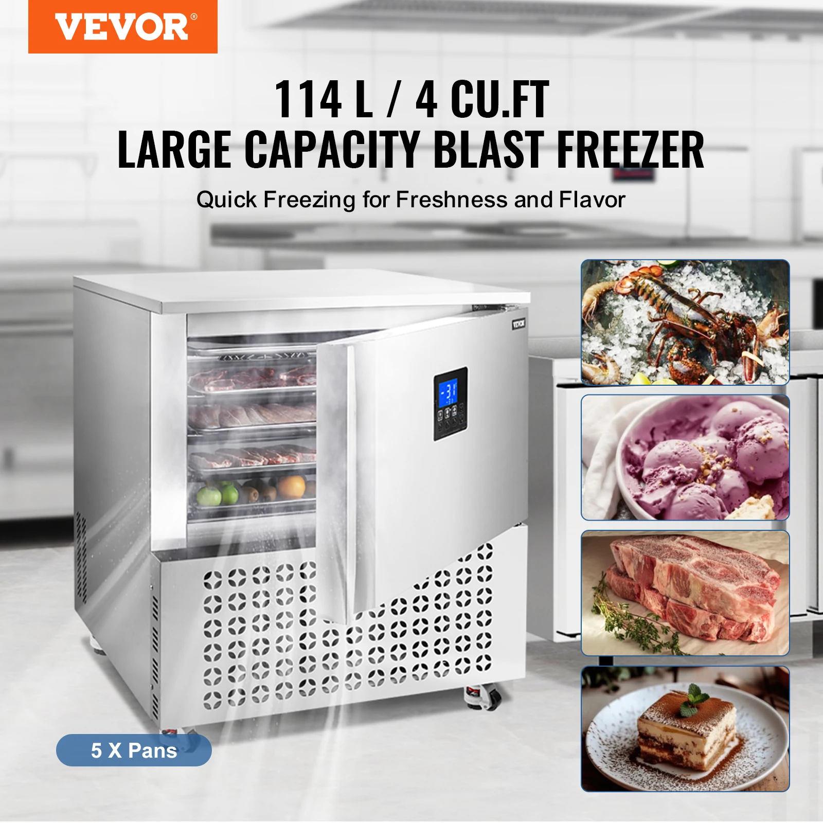 VEVOR Commercial Blast Freezer, 114 L / 4 Cu.ft Blast Chiller with 5 Trays, 4 Freezing Modes, Stainless Steel Food Blast Freezer