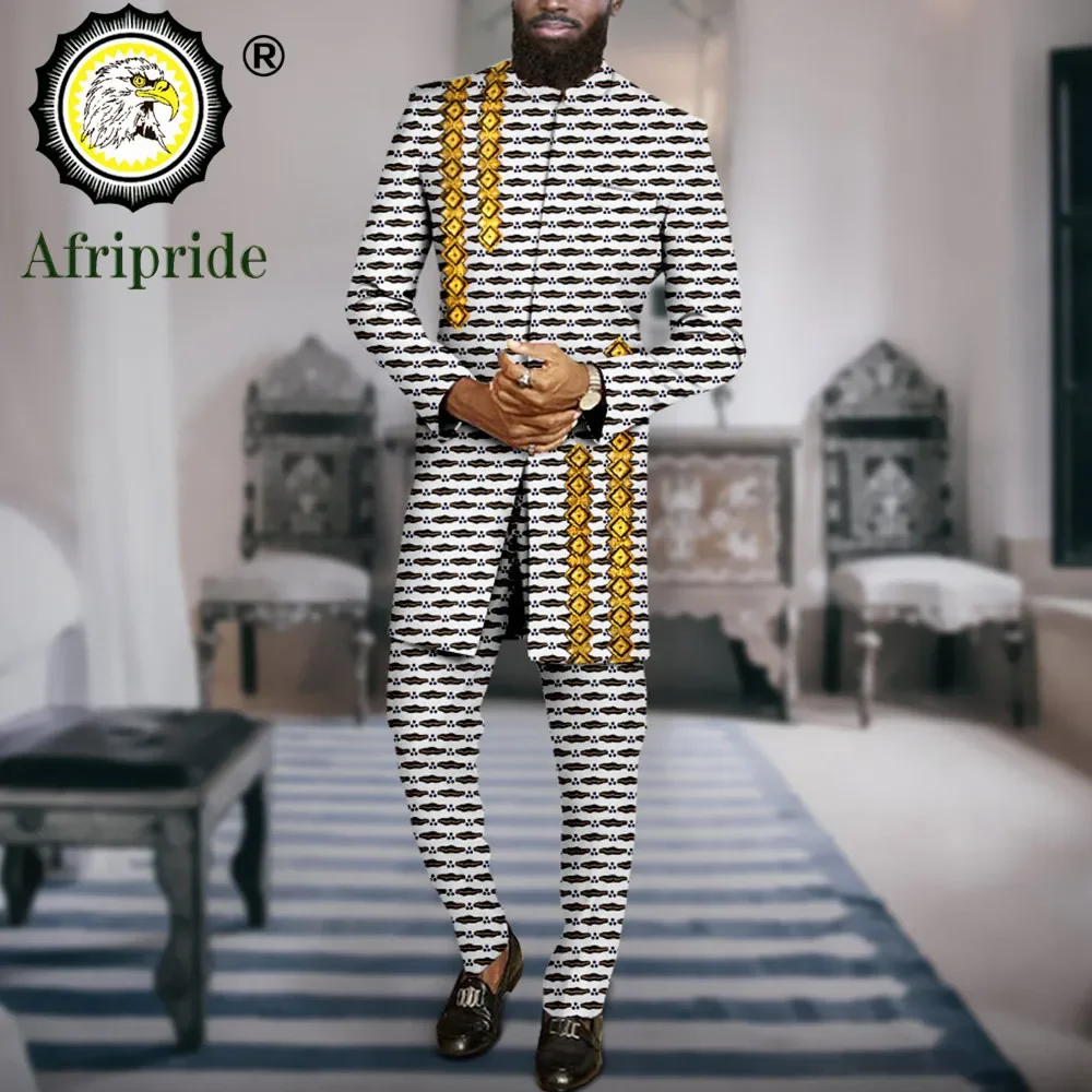 Traje africano ajustado para hombre, conjunto de 2 piezas con estampado bordado, Blazer y pantalones Ankara, traje Formal Dashiki, A2316069