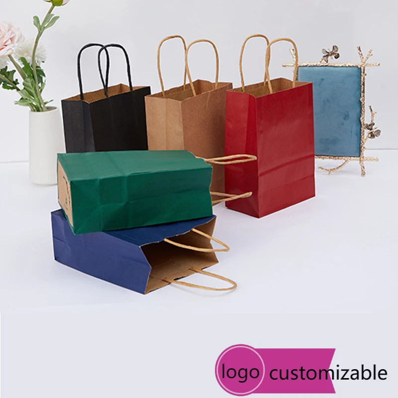 

20 pcs Customized Print Logo Kraft Paper Bag Recyclable Shopping Package Business Wedding Favors Gifts For Guests