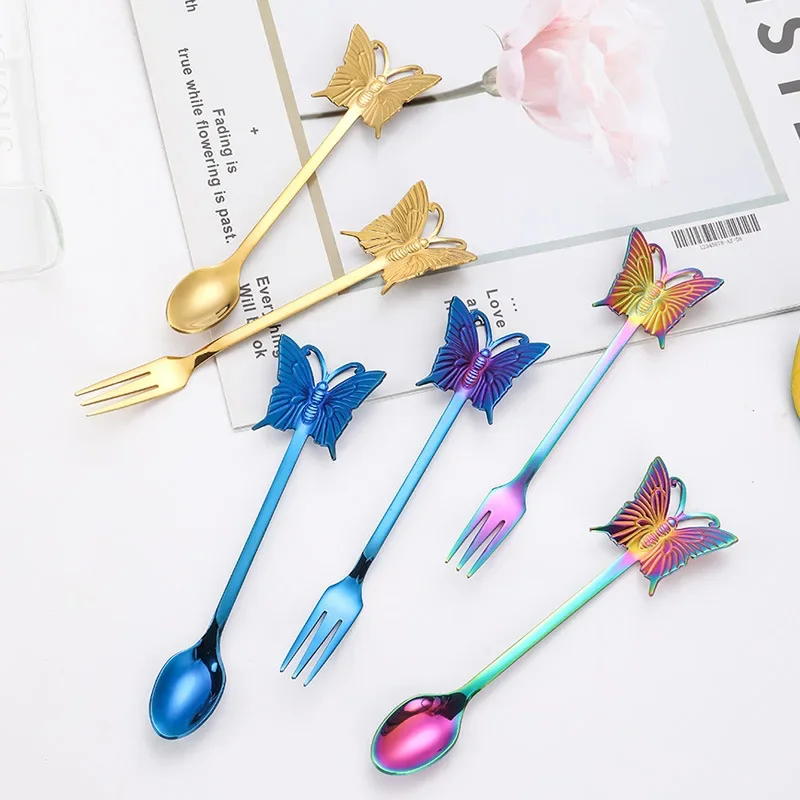 304 Stainless steel butterfly creative spoon and fork can hang coffee spoon gift spoon gold-plated dessert fork fruit fork