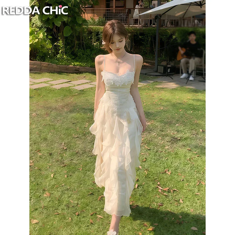 

REDDACHiC женское кружевное лоскутное платье-бретелька без рукавов с нерегулярными рюшами и открытыми штанинами, длинное платье миди, коктейльное вечернее платье