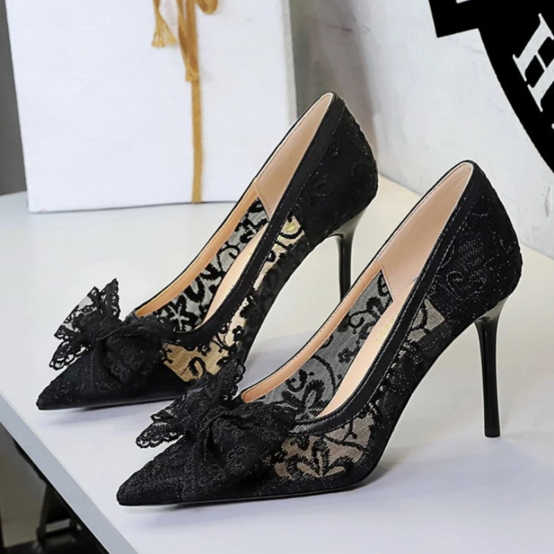 BIGTREE Shoes Women 9.5 Cm Heels Lace Mesh Women Pumps Bowknot High Heels Stiletto Sexy Party Shoes Fashion Lady Wedding Shoes view 3