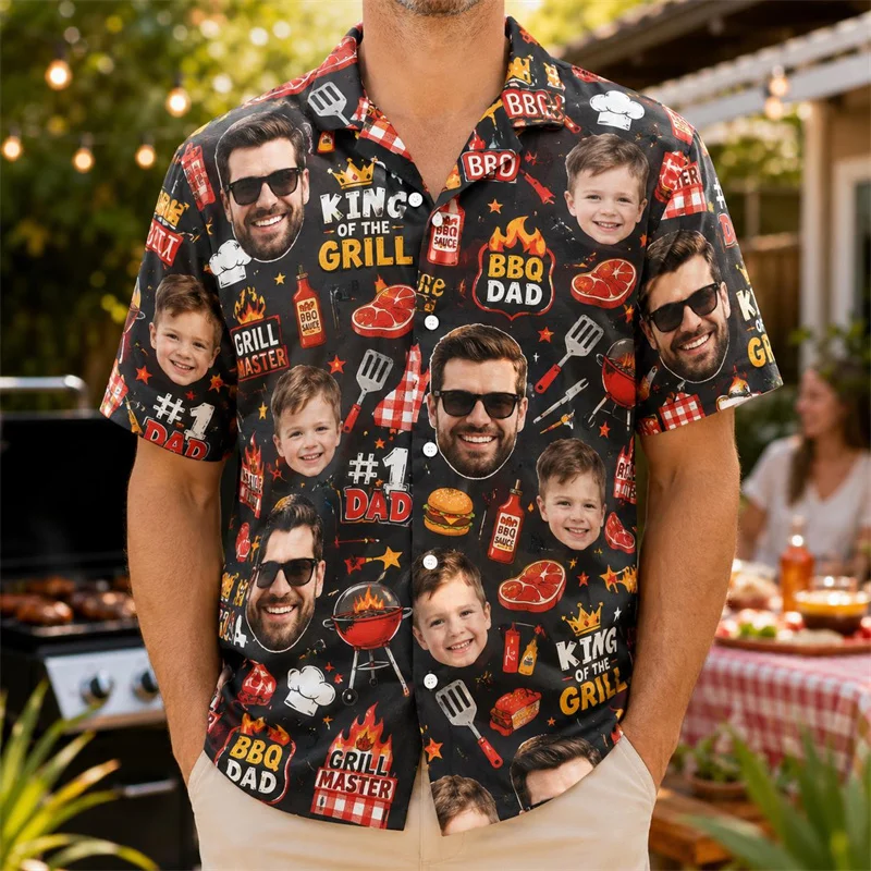 Personalized Custom Photo Hawaiian Shirt Dad And Kid Portrait Print Gardening Pattern Father's Day Gift Casual Men Tops