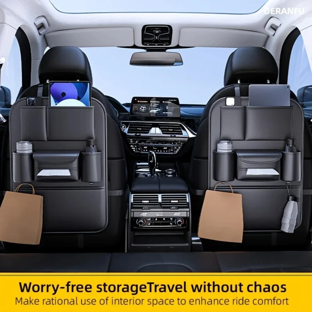 

Car Seat Backrest Storage Bag - Multi Functional Storage Bag with Tablet Holder, Cup Holder, and Mesh Bag for Car Storage.