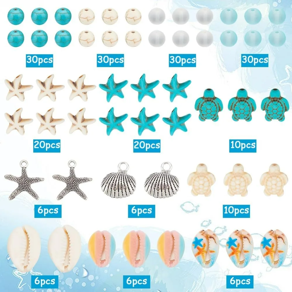 1 Box 210Pcs Starfish Bead Turtle Beads Lucky Turquoise Beads Bulk Summer Ocean Beads Sea Animal Charms Shell  Kit