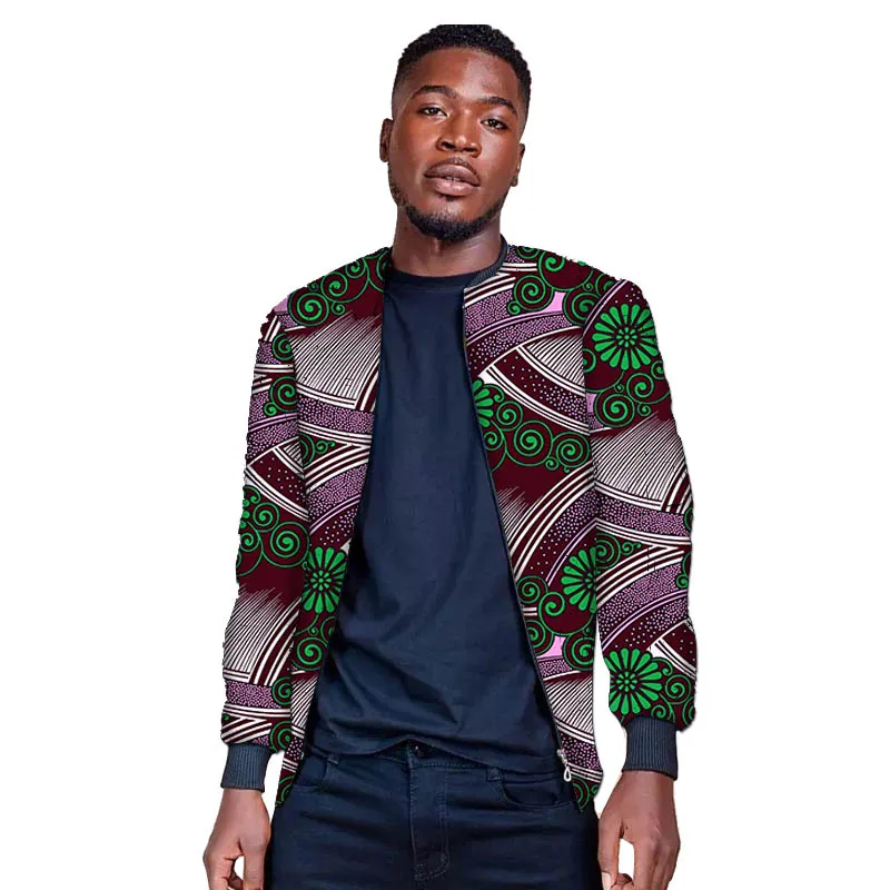 Męska kurtka baseballowa z oryginalnym nadrukiem, stójką, krótkim zamkiem błyskawicznym, dopasowany krój, afrykańska moda męska, odzież imprezowa.