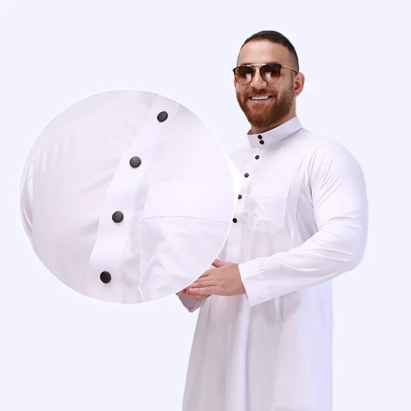 Jubah pria Muslim poliester jubah Qatar kerah berdiri desain saku Arab pakaian Pria Timur Tengah mode Muslim Arab