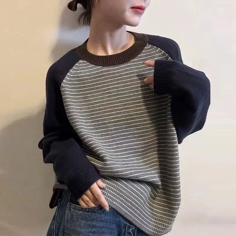 

Knitted Sweater Women Pullovers Casual Long Sleeve Sweaters Knit Sweater Pullover Women Tops O-Neck Striped Women Clothing Q2052