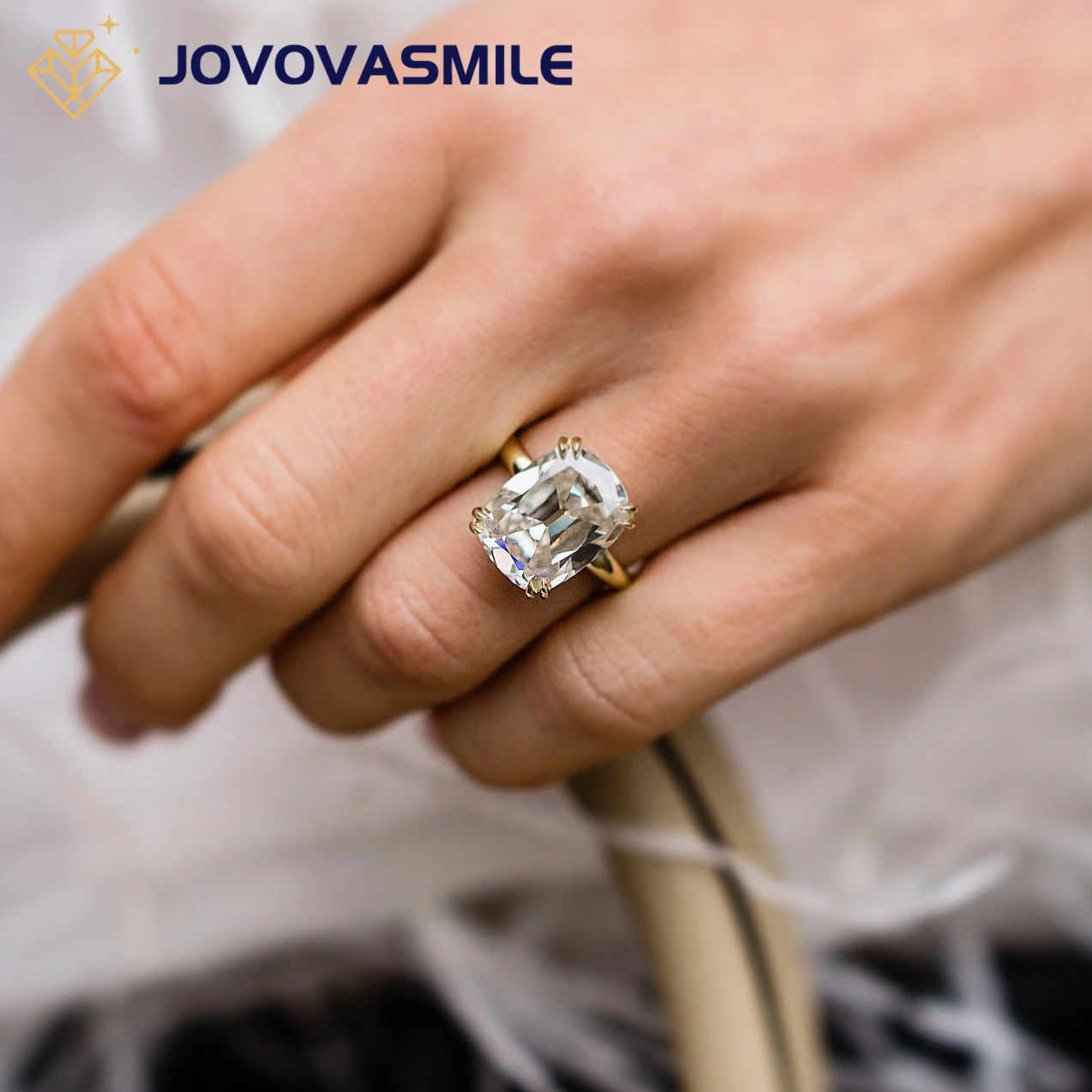 JOVOVASMILE 8 Carat Real Moissanite Ring 12.75x9.75mm Old Mine Cut Cushion 14k Yellow Gold Ring for woman Wedding with GRA