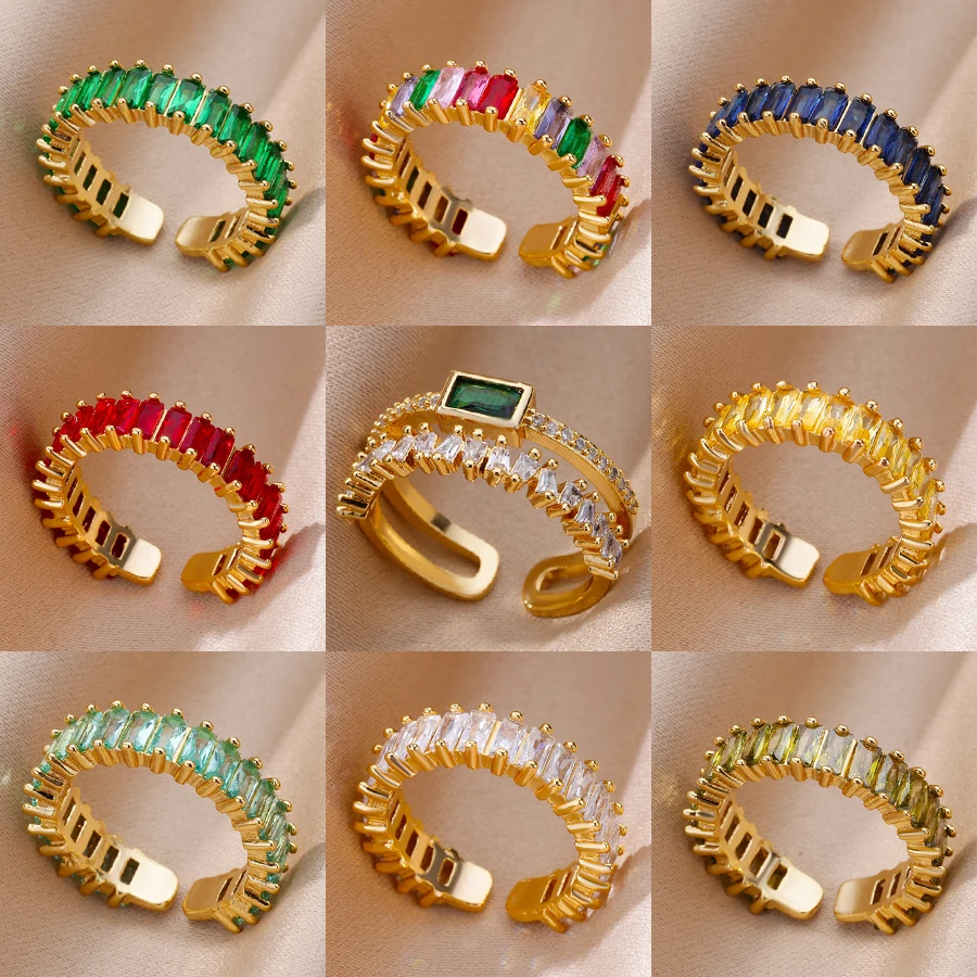 Luxuriöser doppellagiger Zirkon-offener Ring für Frauen, grüner Kristall, Edelstahl, Paarschmuck, perfektes Valentinstagsgeschenk