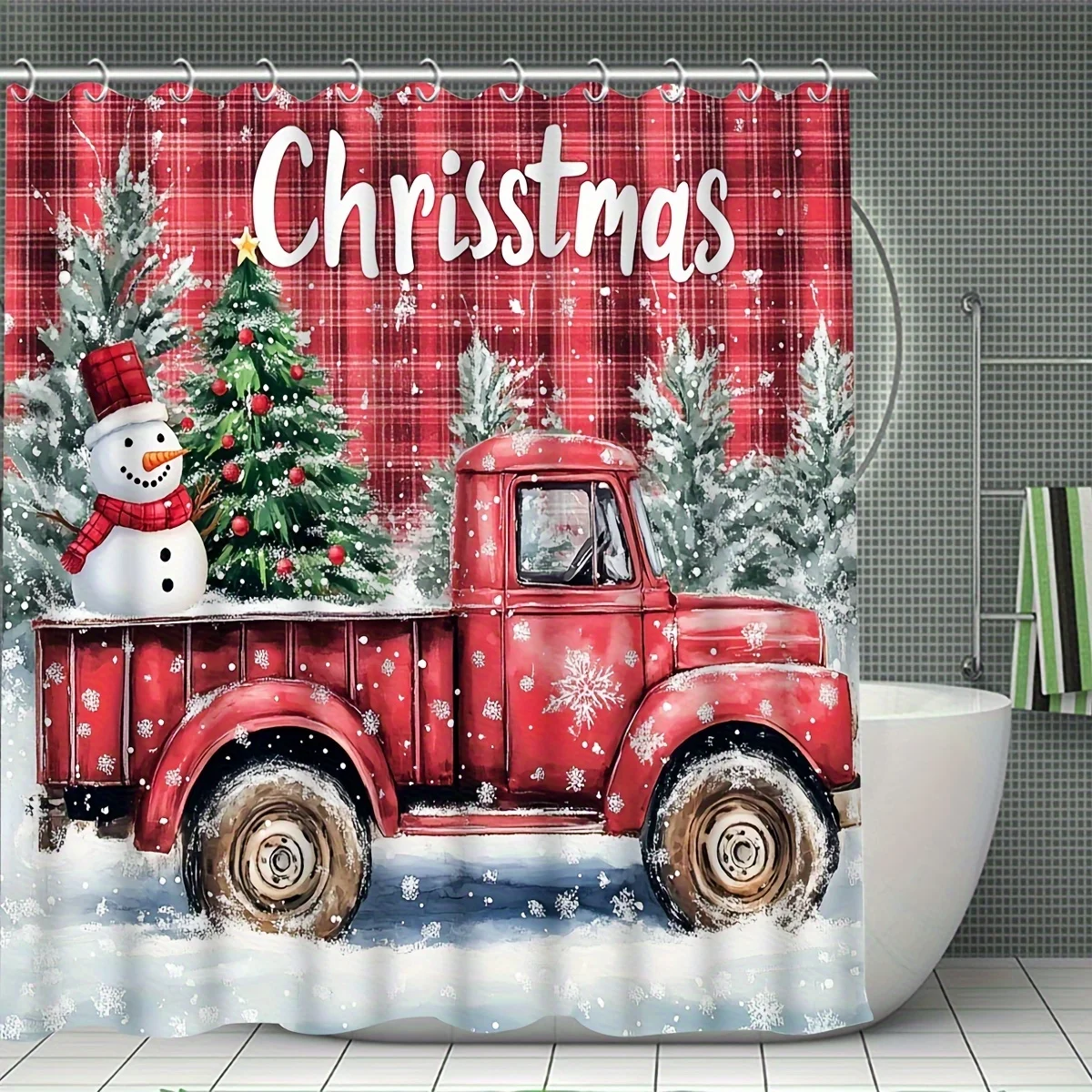4Pcs Winter Xmas Bath Set,Snowman Plaid Truck & Christmas Tree,Bathroom Home Decor,12 Hooks, Non-Slip Mat, U-Shaped Toilet Cover