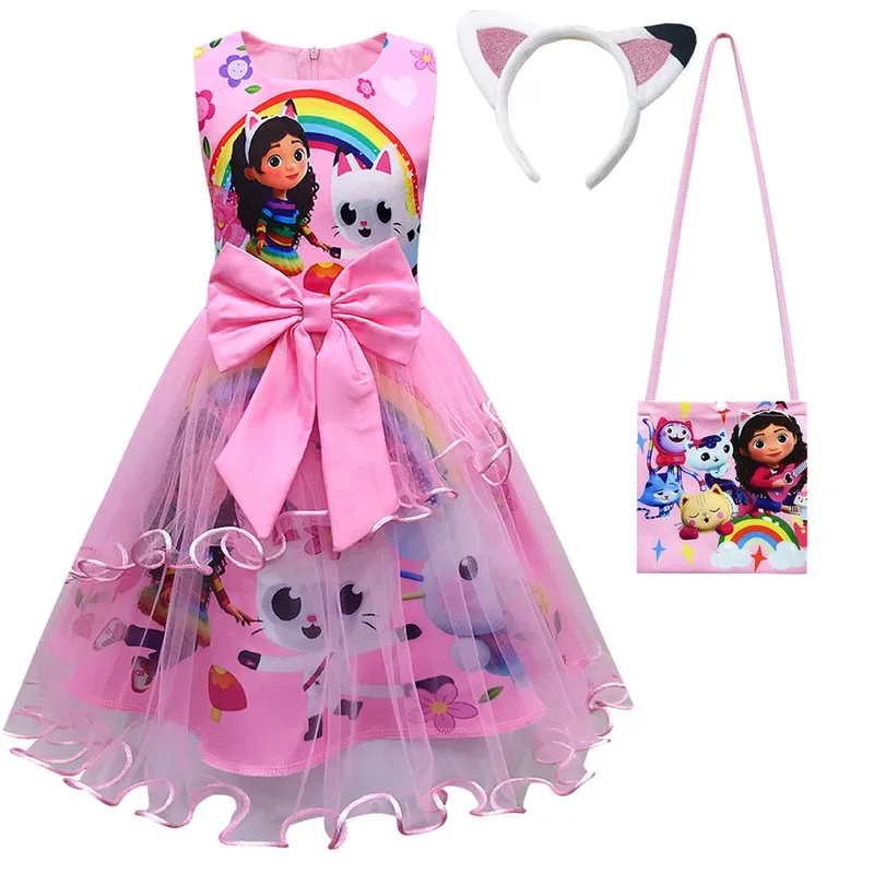 L2025l disfraz de Cosplay de gato Gabi de dibujos animados de Halloween, vestido de encaje con lazo para niñas, sombreros y bolsa, conjuntos de fiesta escolar para niños, Gabi C de Halloween