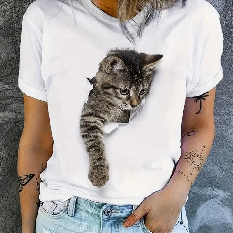 Cartoon Cat 2D T-shirt Short Sleeved Round Neck Casual Sports Top Summer Aesthetic Clothing Women\'s Clothing Pattern T-shirt