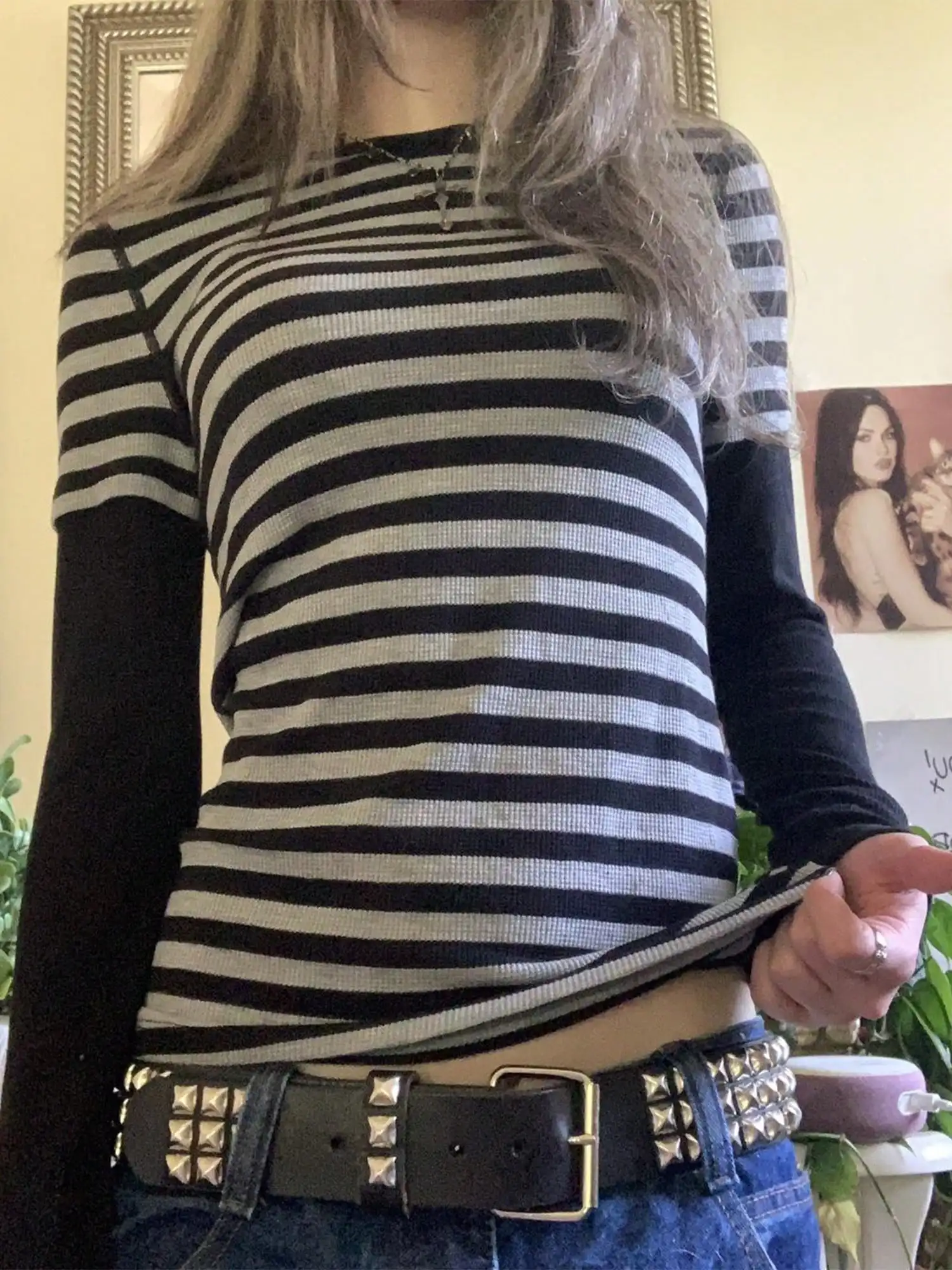 Y2K grunge gestreepte top met lange mouwen, nep-tweedelig, slim fit, gothic esthetische top