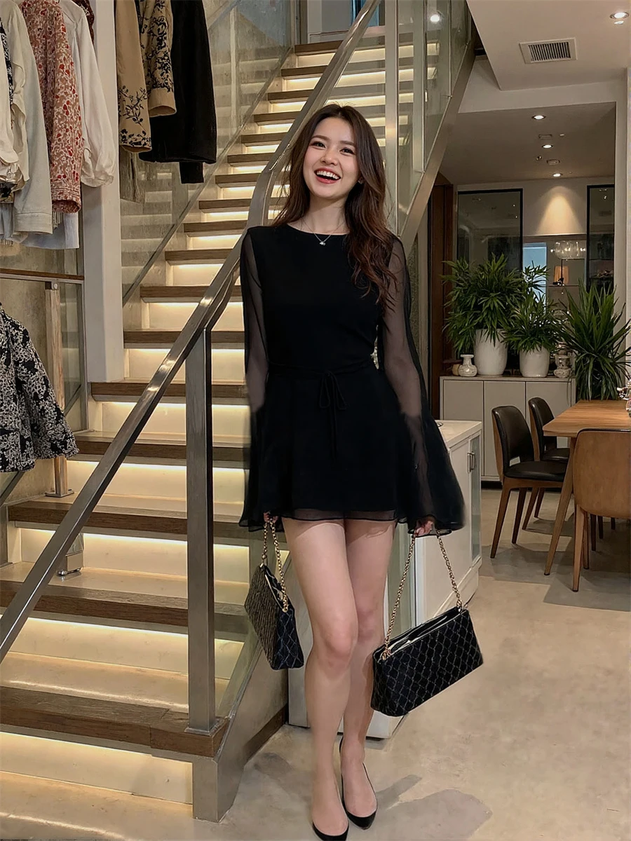 여성용 블랙 드레스 긴 소매 슬림 핏 프렌치 스타일 홀터넥 컷아웃 하이슬릿 이브닝 섹시 나이트클럽 대담한 핫 드레스