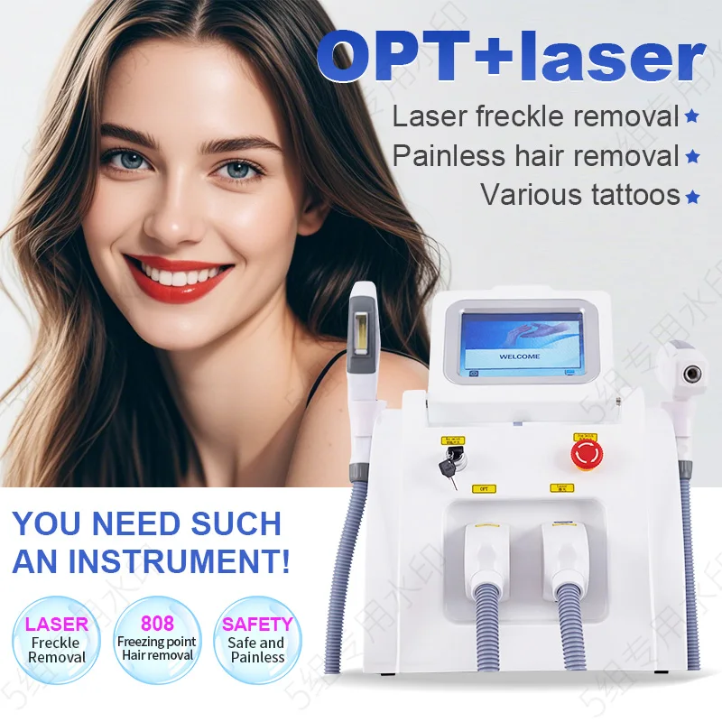 

Update Portable White And Blue 2 in 1 ND Yag Freckle IPL OPT Tattoo Removal Machine Hair Remover Professional Female Man Salon