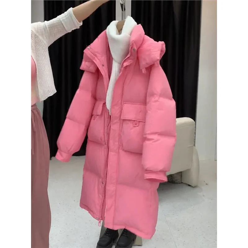 Pink down Cotton Jacket Women's Winter New Korean Version Thickened Waist-Cinching Mid-Length Slimming Hooded Coat
