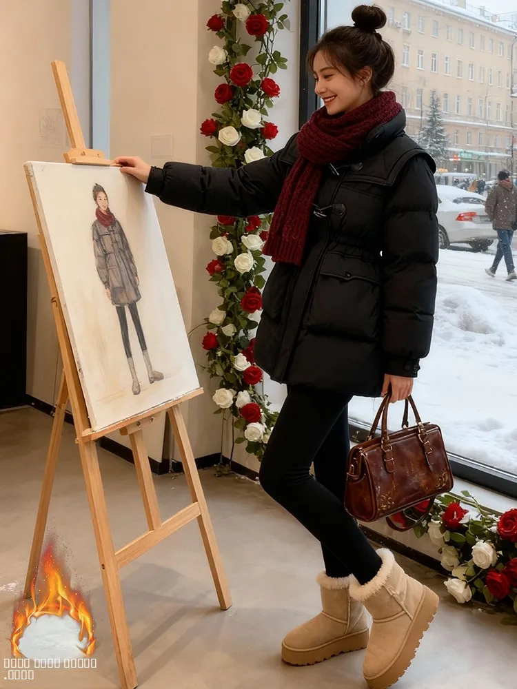 

Sli Thiened Fce Women's Jaet Winter Coat Korean Sle Loose Fit Polyester Fill High Collar Zipper Closure Long Sve