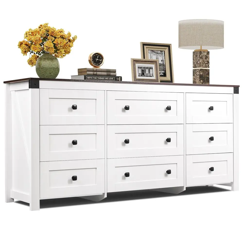 

Farmhouse Dresser for Bedroom, 63 Wide 9 Drawer Dresser Storage Organizer, Wood Chest of Drawers for Bedroom, TV Stand for 70 i