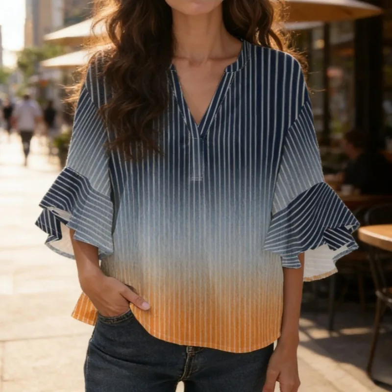 

Women's Gradient Stripe Print V-Neck Flare Sleeve Shirt Loose Fit Casual Blouse with Bubble Wrinkle Texture for Spring Summer