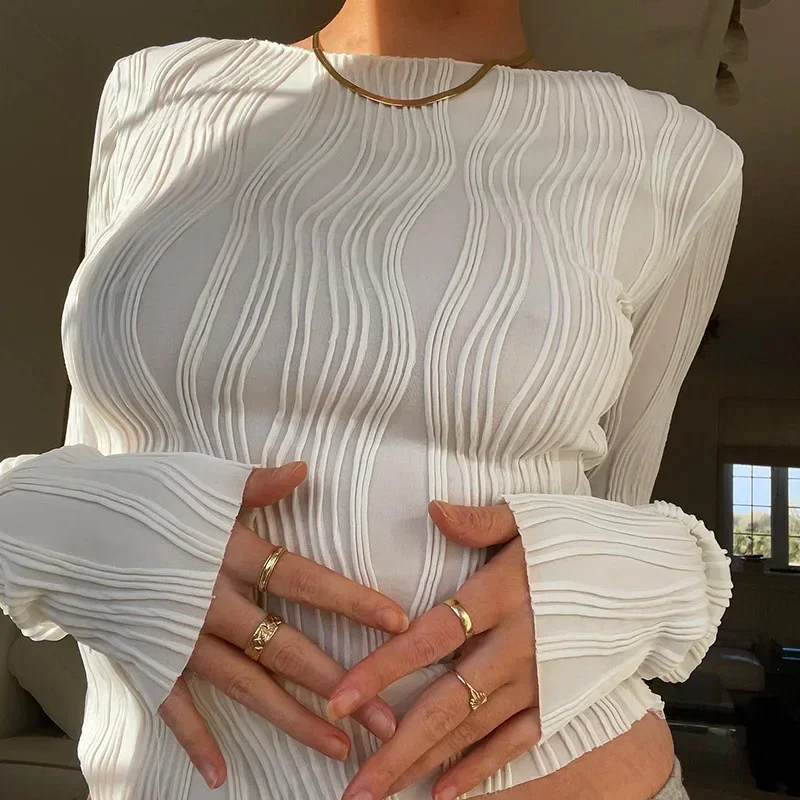

Nice 2024 Autumn Ruched Long Sleeve T Shirts Women Casual White Skinny Black Basic Tee Fashion Street Cropped Top Y2K Clothes T-