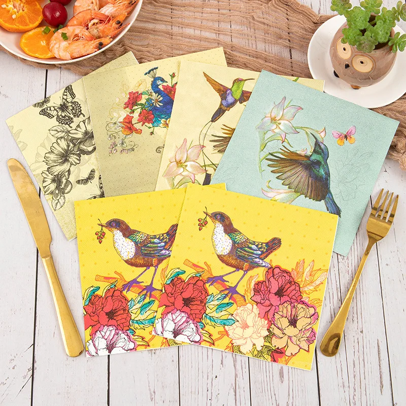 20pcs/Pac Flower and Bird Series Printed Napkins Native Wood Pulp 2-Ply Colorful Paper Napkins Kitchen Table Holiday Decoration