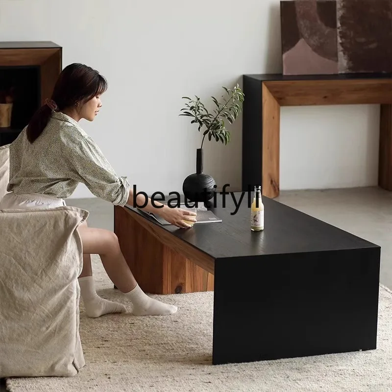 

Retro solid wood black table rectangular low table Japanese log minimalist tea table