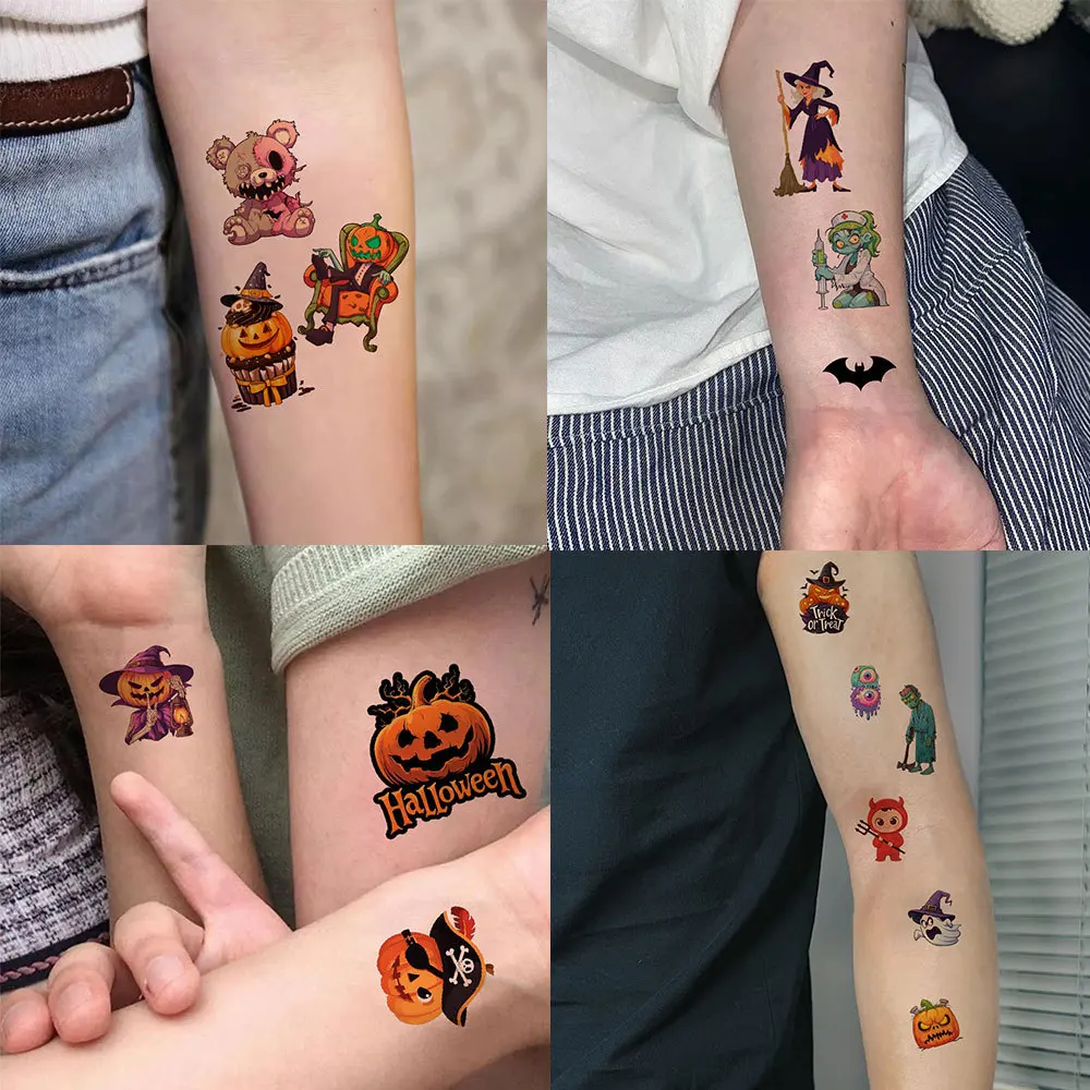 10Pcs Halloween Cute Pumpkin Candy Temporary Tattoo Stickers Bat Horror Ghost  Tattoos Stickers Waterproof Funny For Kids Gift