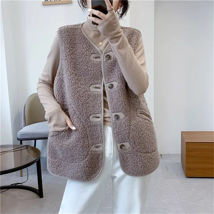 

Fall Winter Faux Lambwool Vest Women Korean Fashion Teddy Short Waistcoat Single Breasted Thick Sleeveless Jacket V1662