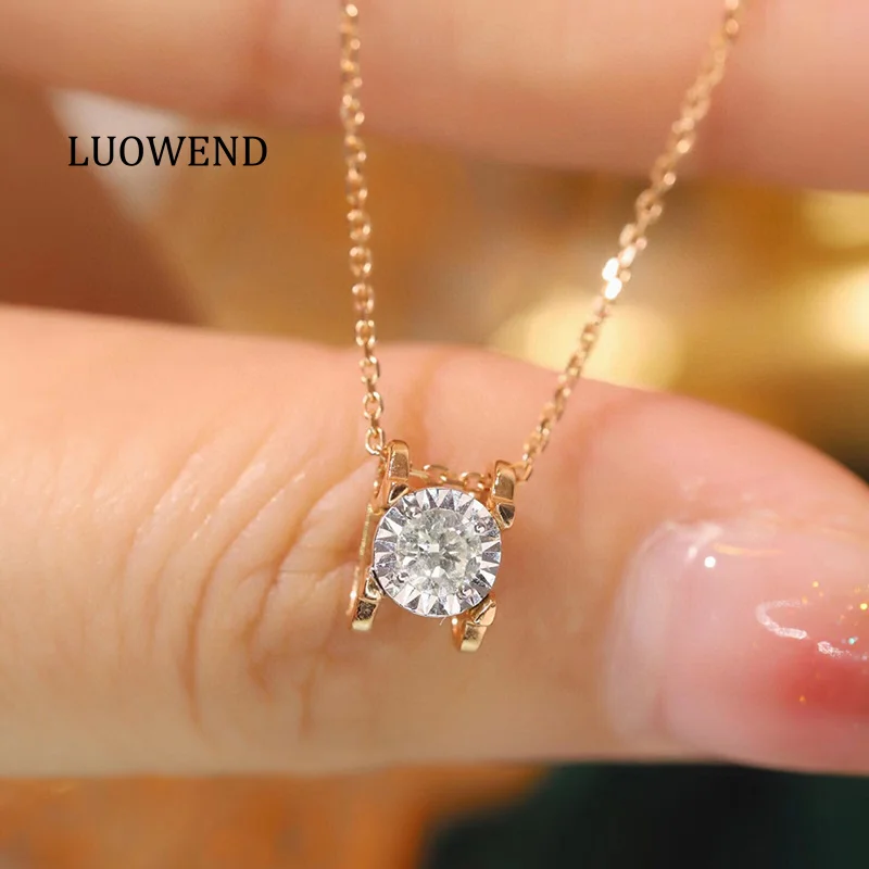 

LUOWEND 18K Rose Gold Necklace Classic Simple Style 0.20carat Real Natural Diamond Pendant Necklace for Women High Party Jewelry