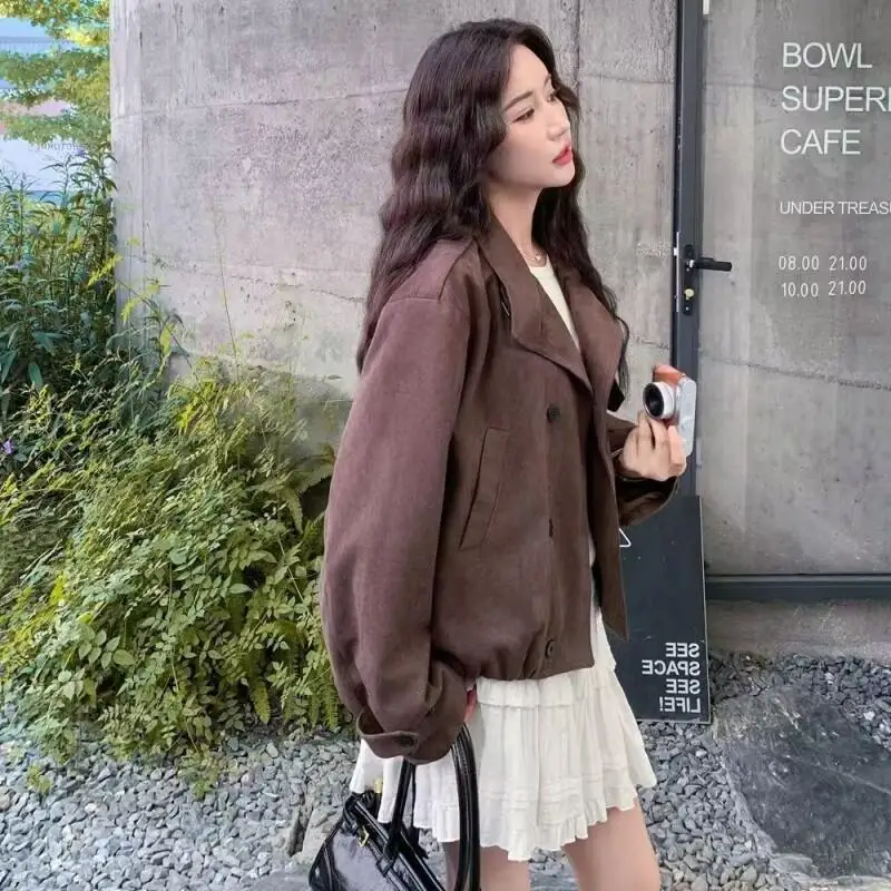 

New Coat American Retro Style Lapel Short Coat for Female Commuters Spring and Autumn Double Breasted Temperament Loose Jacket