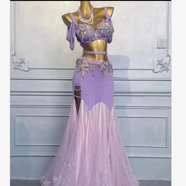 

Blue Diamond Embellied Bra And Long Skirt Belly Dance Performance Outfit Women's 2024 New Four-piece Set Wzy023