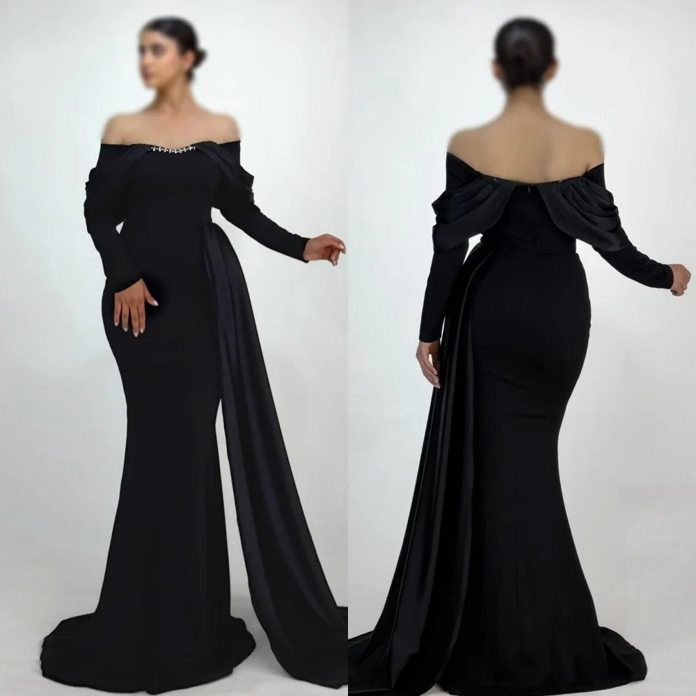 

Customized Simple Retro Jersey Pleat Rhinestone Mermaid Off-the-shoulder Long Dresses Bespoke Occasion Dresses High Quality Sexy