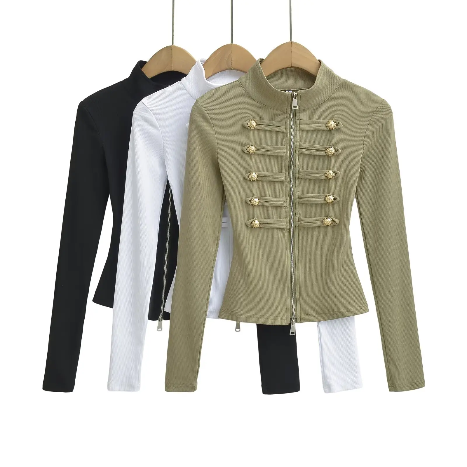 Spring Autumn Women Vintage Double Row Roman Buttons Long Sleeve Top Slim Fit Stand Collar Zip Up Ribbed Knit T-shirts Armygreen