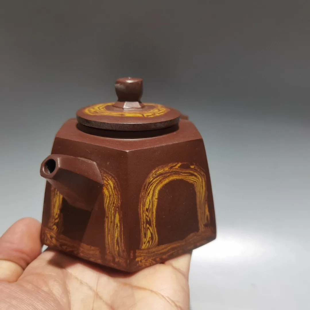 Purple teapot Yixing Purple Clay Teapot Multi colored door pattern Six sided pot Flat pot Amass wealth Ornaments Kettle Teapot