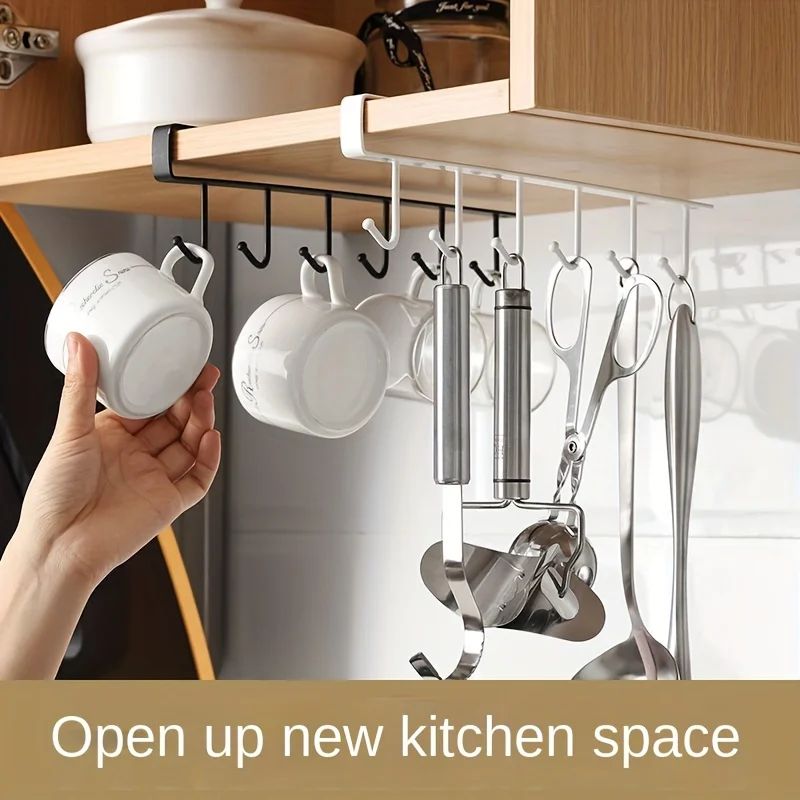 1pc Multifunctional Kitchen Nail-Free Hook Shelf, Kitchen 6-Hook Organizer, Multifunctional Wardrobe Cloth Organizer