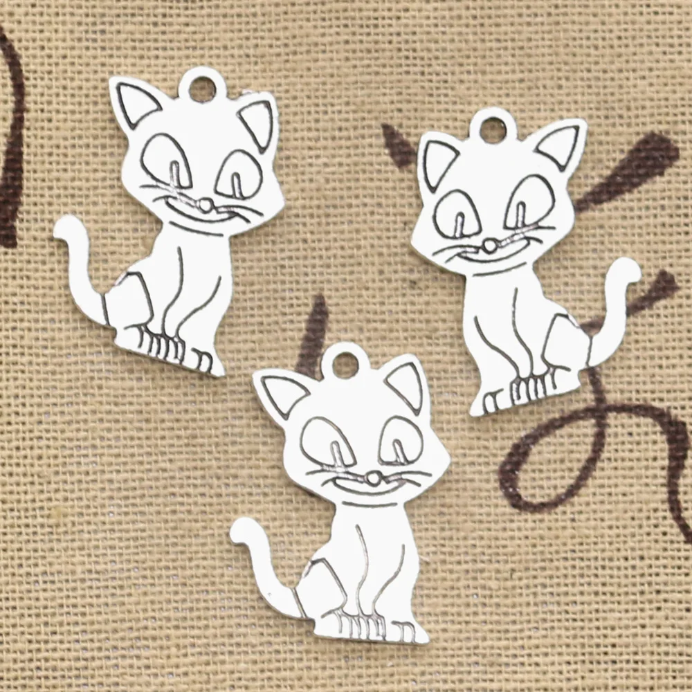 15pcs Charms Double Sided Cat 24x19mm Antique Silver Color Pendants DIY Crafts Making Findings Handmade Tibetan Jewelry