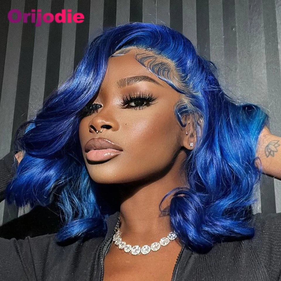 

Sapphire Blue 180 Density 13x4 Lace Frontal Bob Human Hair Wigs Transparent Colored Dark Blue Bob Wavy Wig for Women Pre Plucked