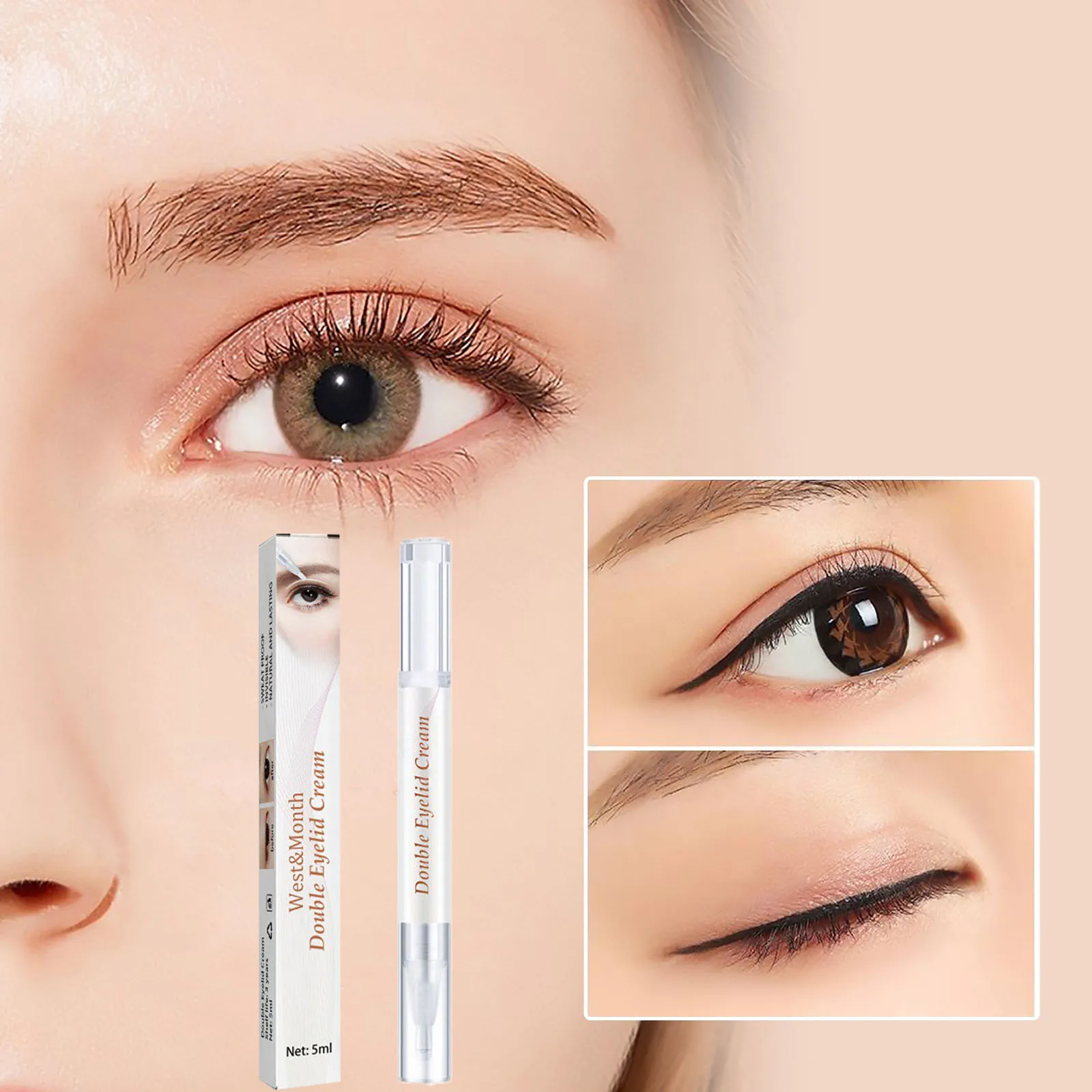 Crema de ajuste de doble párpado de 0,17 onzas, crema de ojos de belleza impermeable de larga duración, secado rápido, ojos grandes, Invisible sin huellas