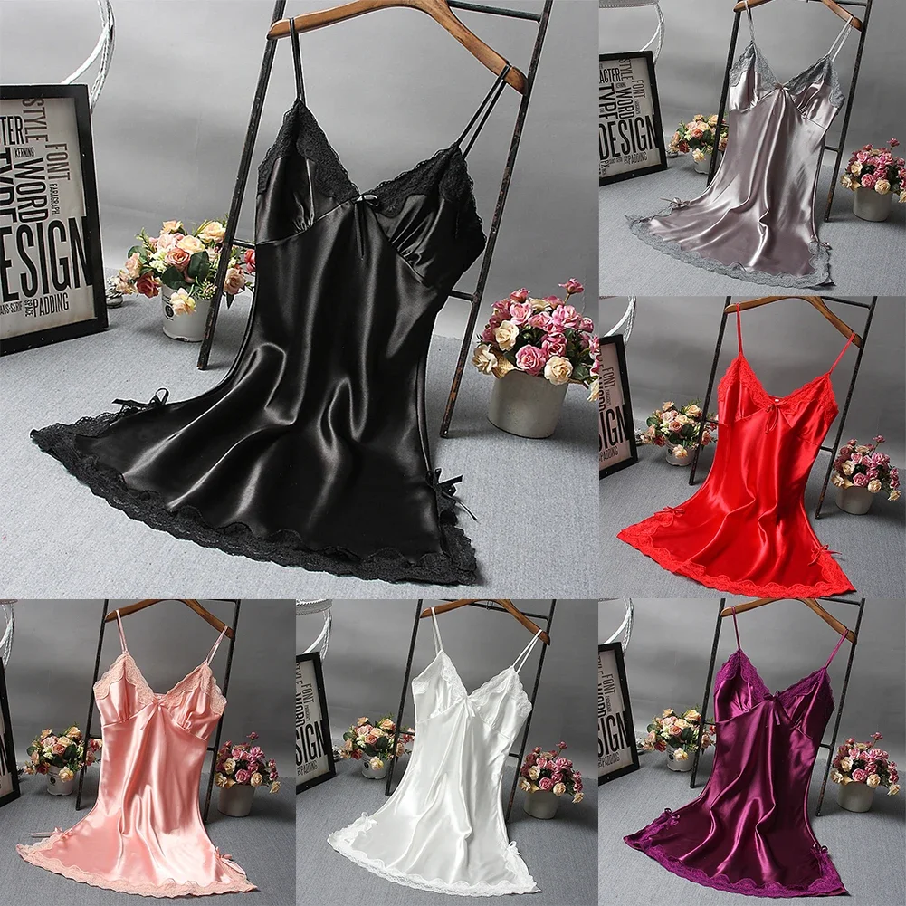 Frauen Damen sexy Nachthemd Spitze Satin weich seidig glänzend Dessous Kleid Nachtwäsche atmungsaktive Schlinge Schlaf hemden Sommer V-Ausschnitt