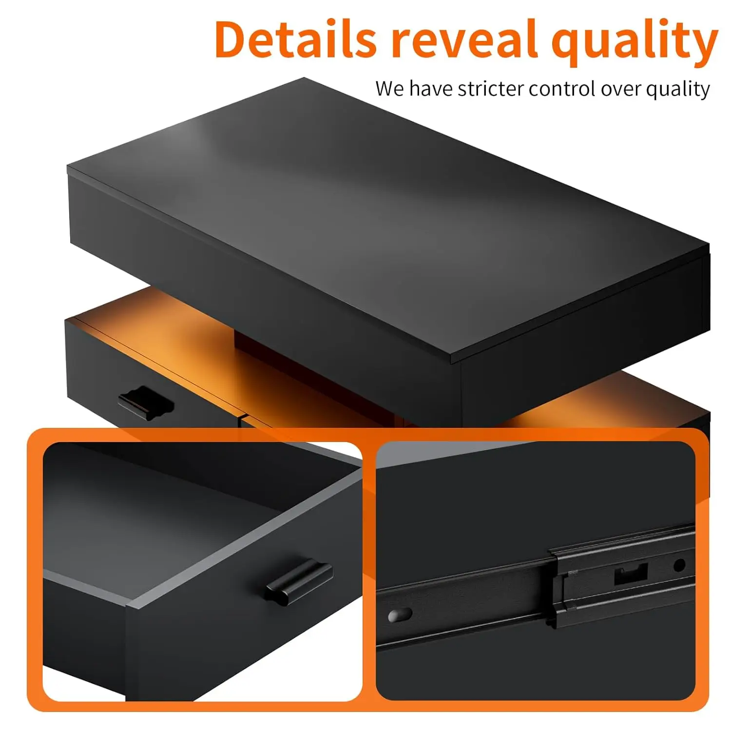 Mesa de centro grande de alto brilho de 47.2 "com 2 camadas, mesa de centro led para sala de estar, mesa central retangular com armazenamento oculto f