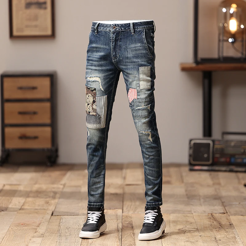 

Stitching Design Fashion Motorcycle Men's Jeans Skinny Autumn and Winter Party Vintage Trendy Unique Trousers