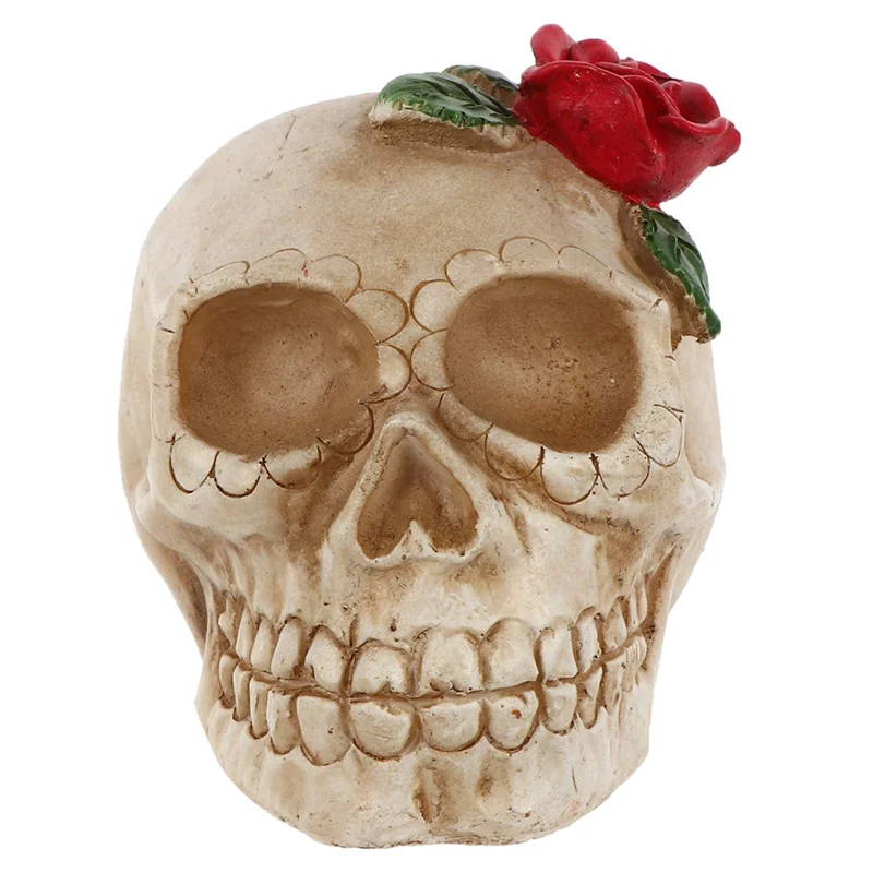 Home Decor Halloween Skull Statue Light LED Day of Dead Flower Skull Figurine Night Light Resin Horror Skull Prop C