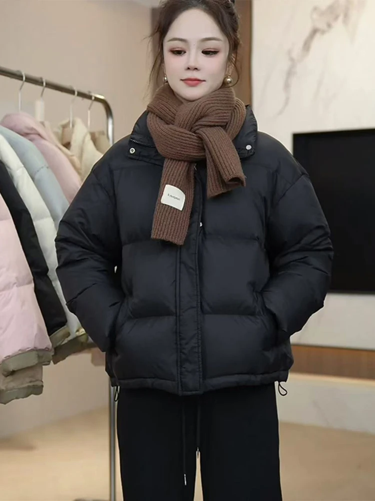 

Winter 2025 Women's ort Bla Bread Sle Jaet Warm Cotton Coat Stand Collar Zipper Korean Version Loose Fit Long Sve