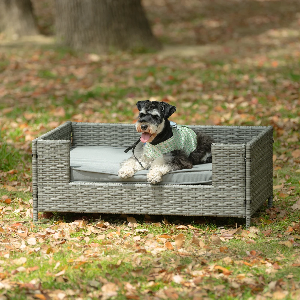 Dog Bed with Cushion - Outdoor Pet Furniture, PE Wicker Seasonal Pet Enclosures, Comfortable Patio Furniture for Dogs