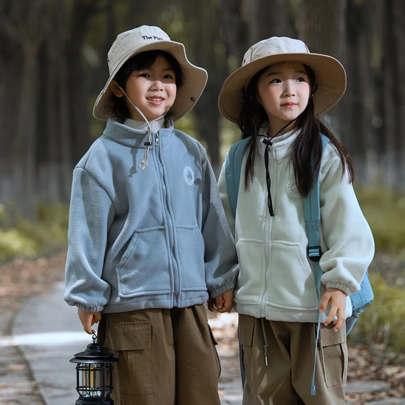 Autumn Winter Kids Outerwear Polar Fleece Jacket Zipper Thermal Coat for Boys Girls Solid Warm School Layering Cozy Tops Clothes