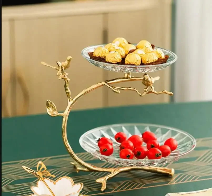 2-layer Brass Glass Fruit Plate Cake Stand Candy Tray Dessert Snack Plates Refreshment Dim Sum Dish Dried